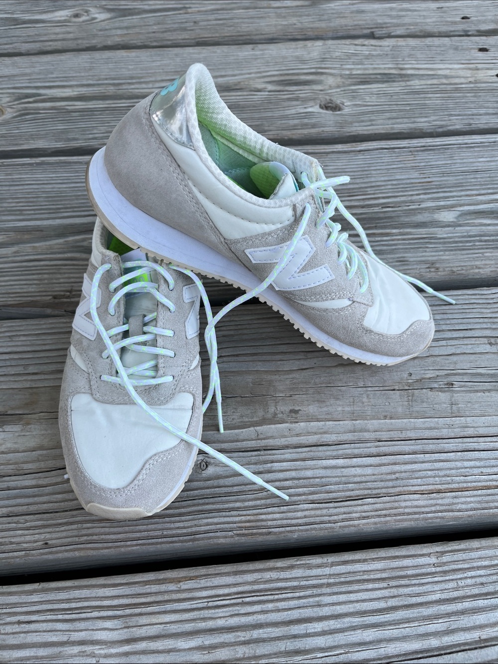 New Balance White & Light Gray Sneakers with Neon Green Accents